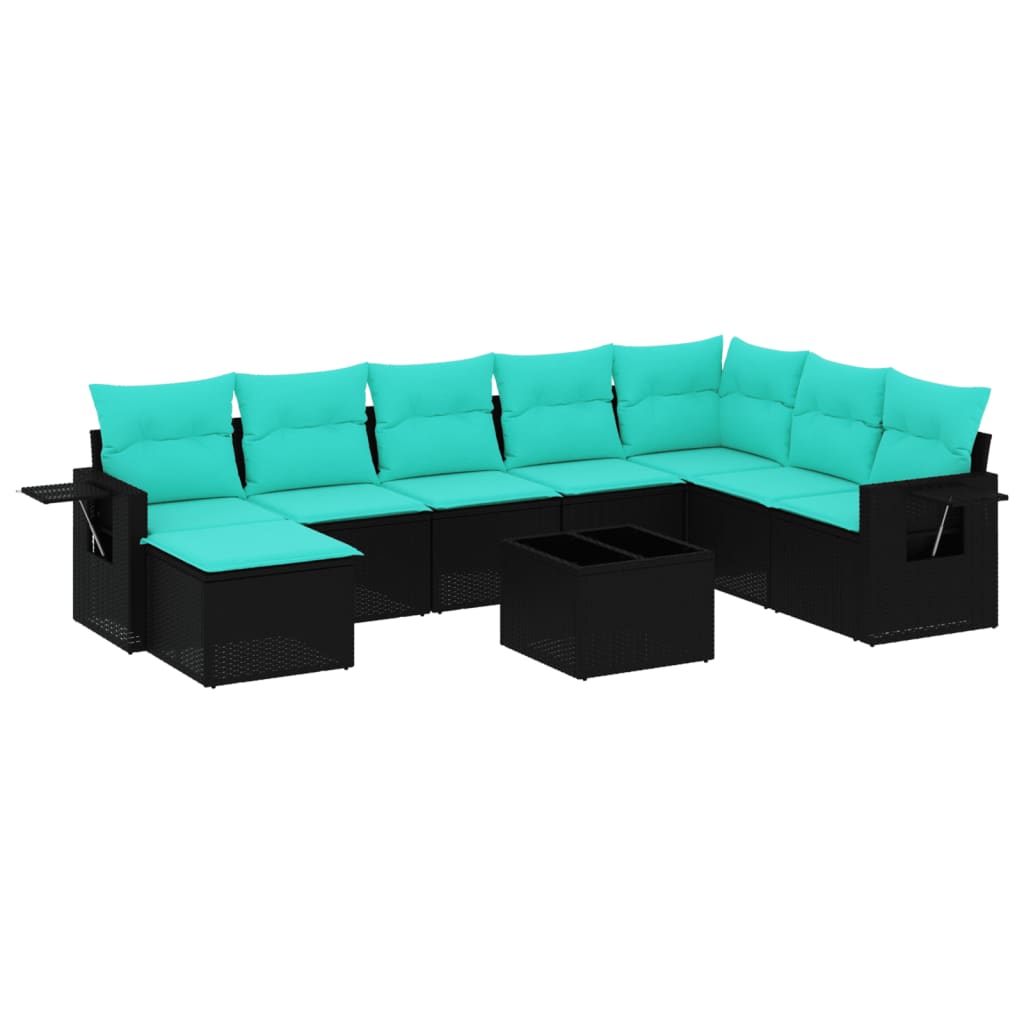 havesofasæt med 9 dele og hynder sort polyrattan
