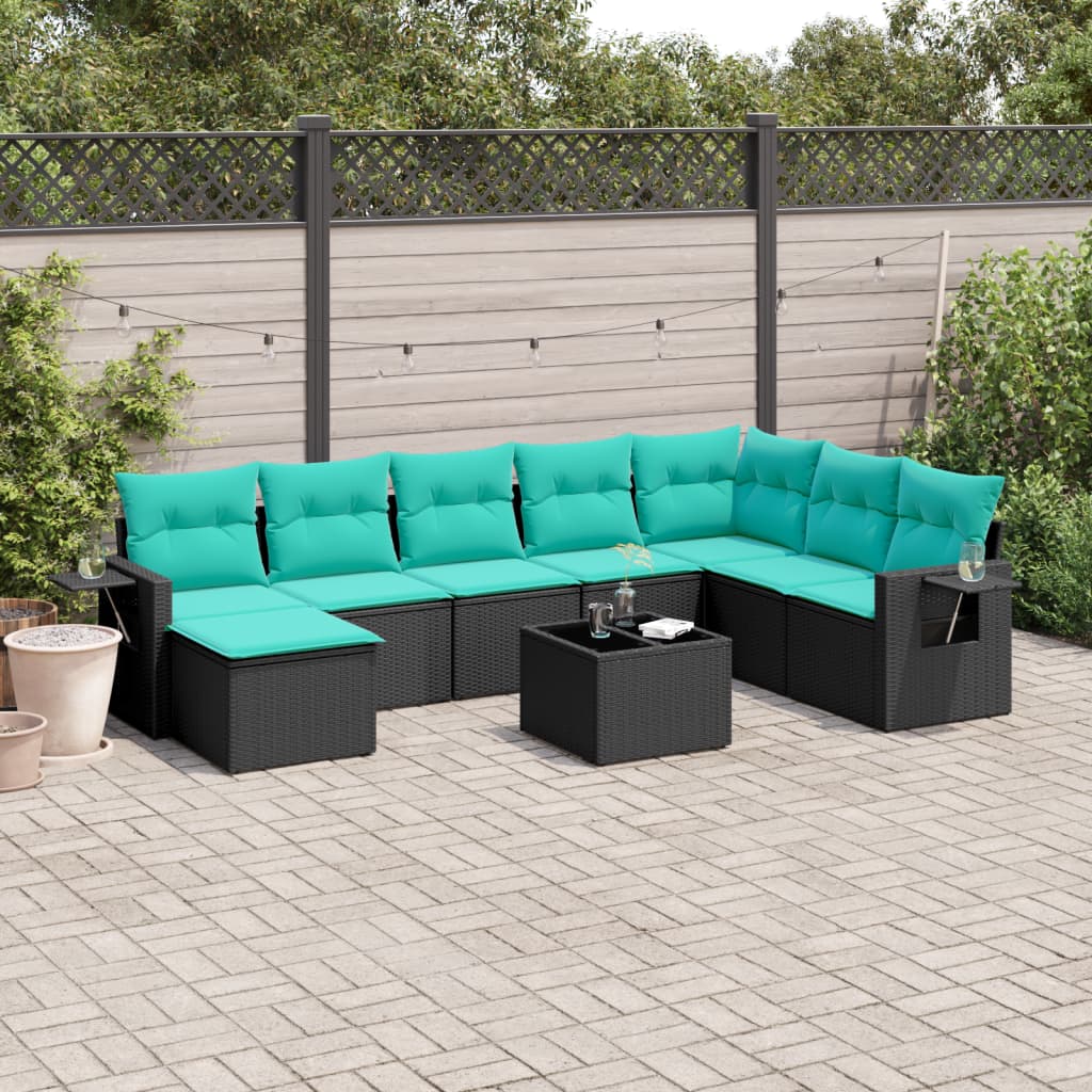 havesofasæt med 9 dele og hynder sort polyrattan