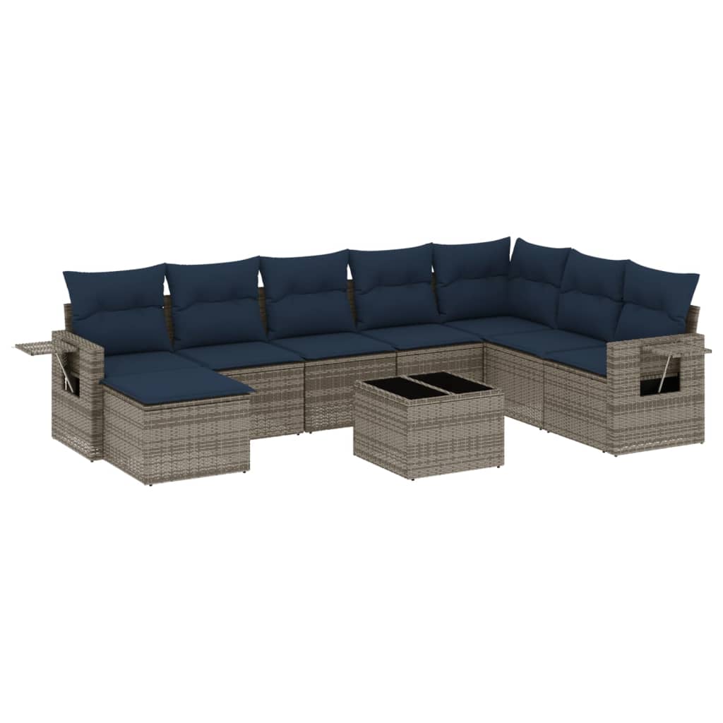 havesofasæt med 9 dele og hynder grå polyrattan