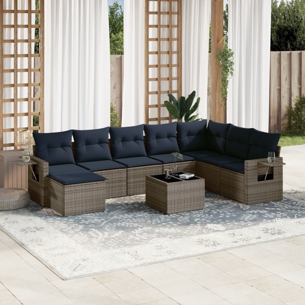 havesofasæt med 9 dele og hynder grå polyrattan