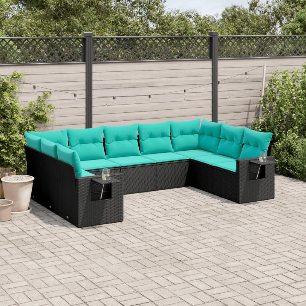 havesofasæt med 9 dele og hynder sort polyrattan