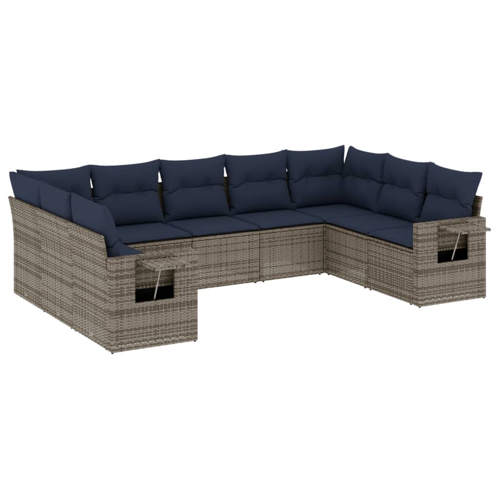 havesofasæt med 9 dele og hynder grå polyrattan