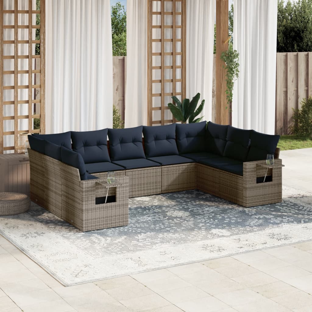 havesofasæt med 9 dele og hynder grå polyrattan