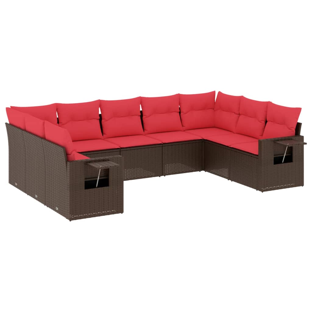 havesofasæt med 9 dele og hynder brun polyrattan