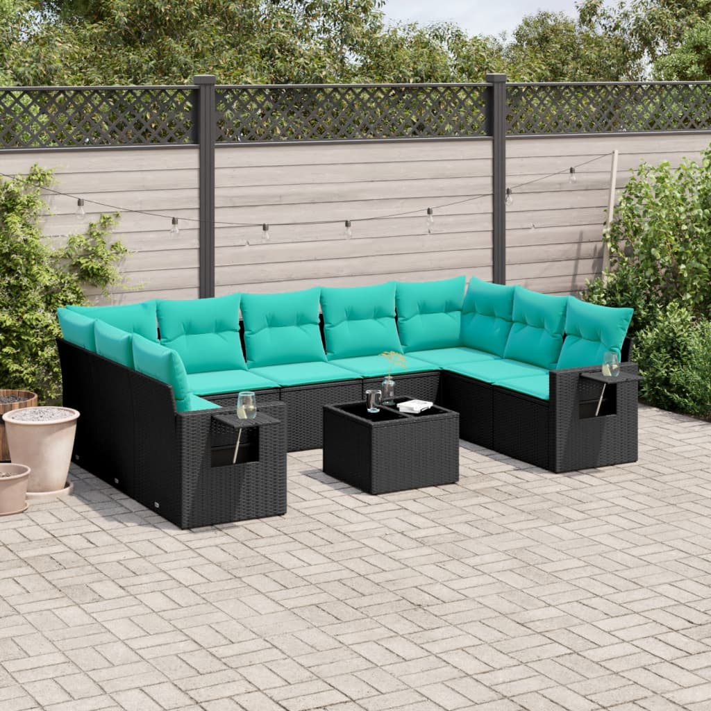 havesofasæt med 10 hynder sort polyrattan