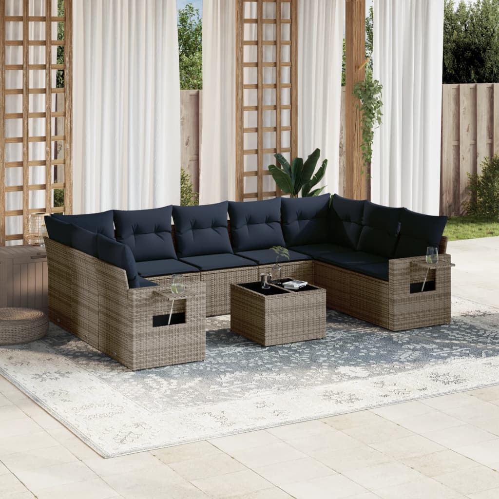 havesofasæt med 10 dele og hynder grå polyrattan