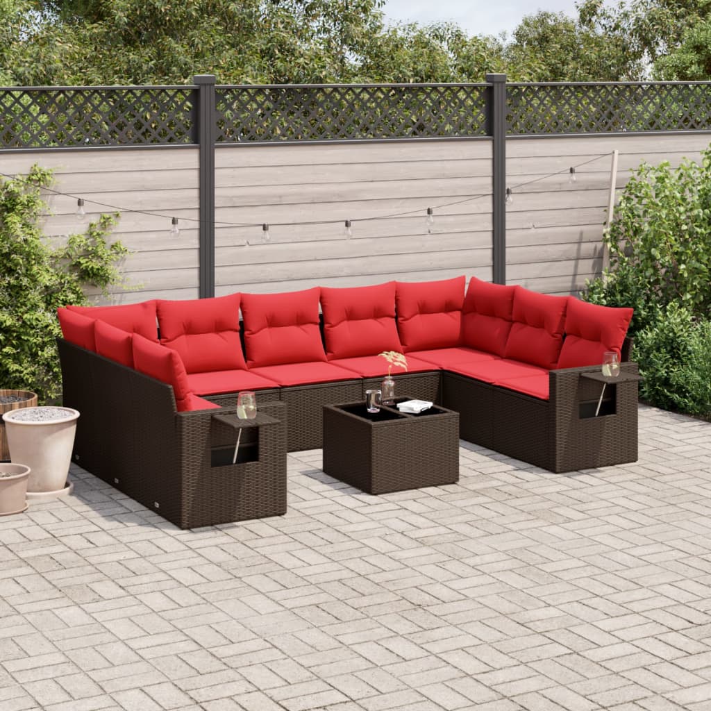 havesofasæt med 10 hynder brun polyrattan
