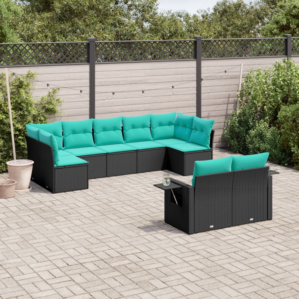 havesofasæt med 9 dele og hynder sort polyrattan
