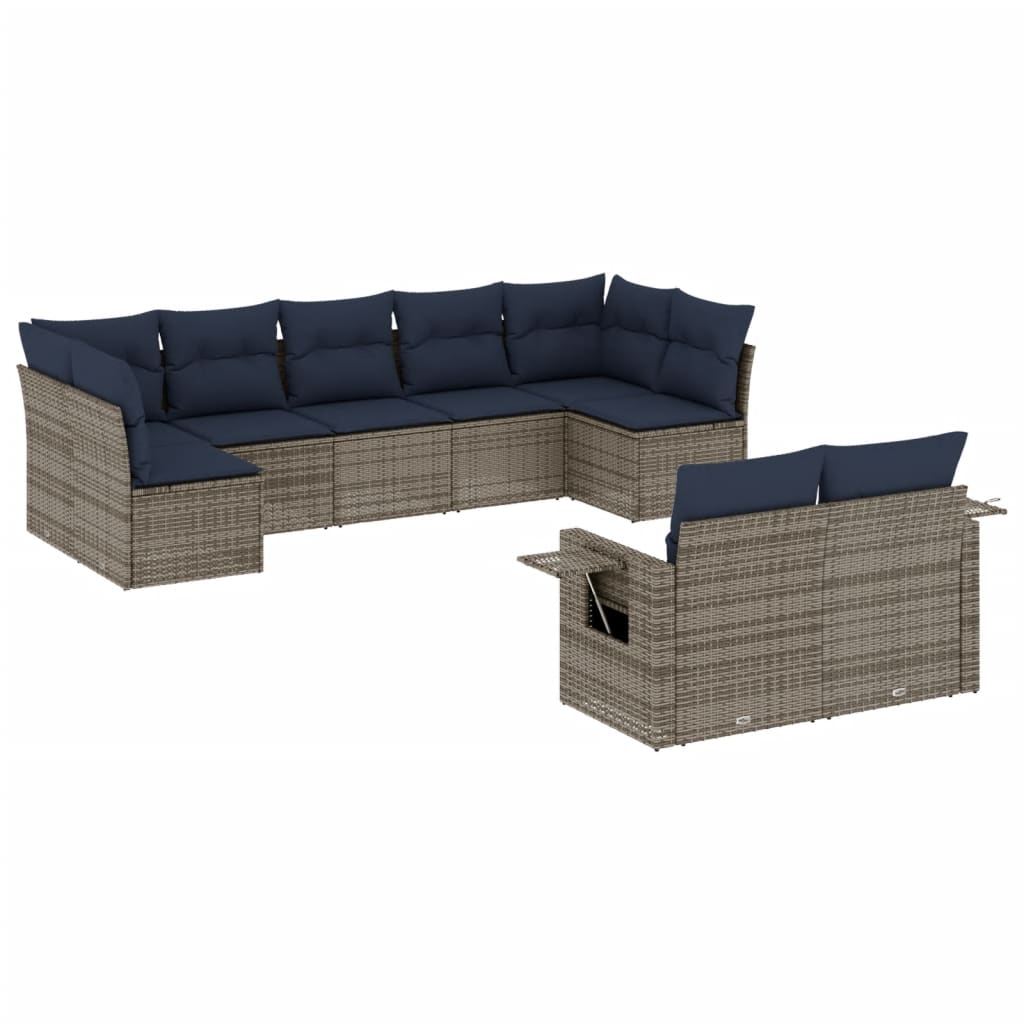 havesofasæt med 9 dele og hynder grå polyrattan