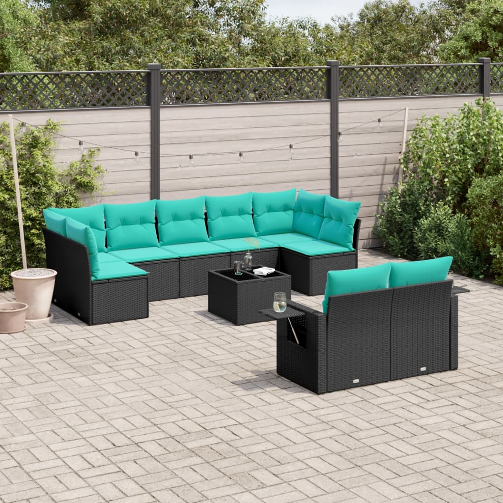 havesofasæt med 10 hynder sort polyrattan