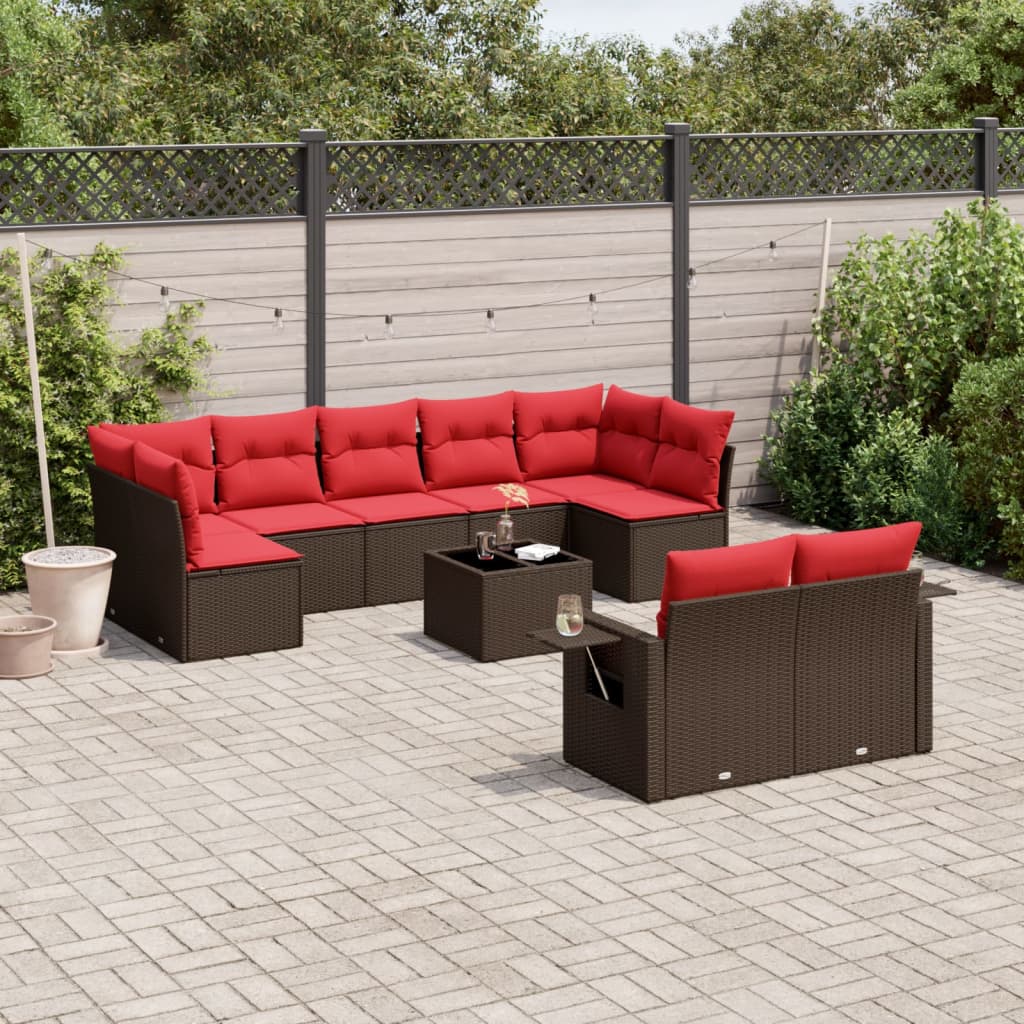 havesofasæt med 10 hynder brun polyrattan