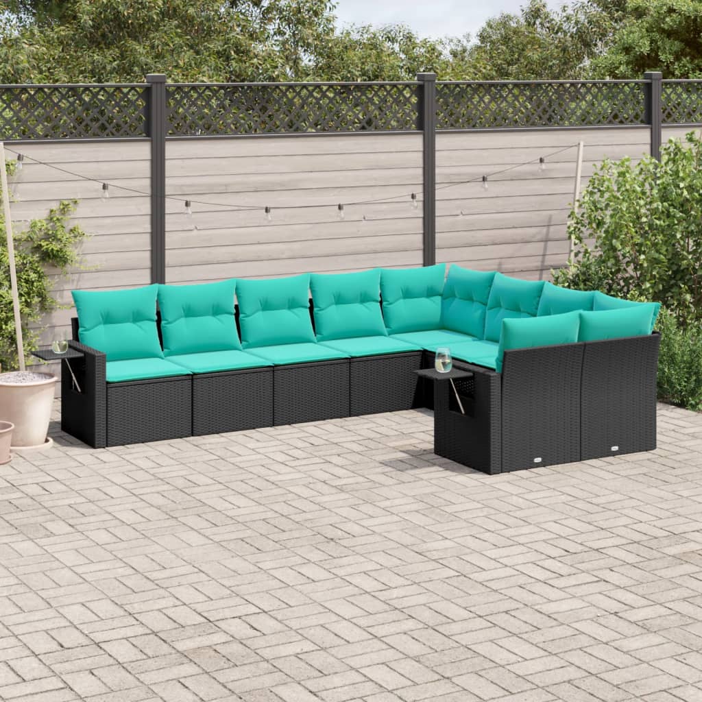 havesofasæt med 9 dele og hynder sort polyrattan