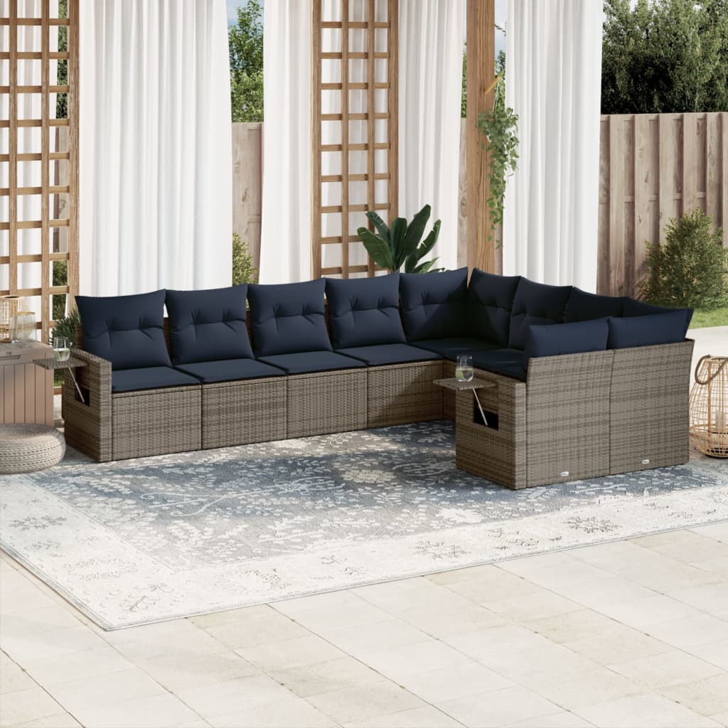 havesofasæt med 9 dele og hynder grå polyrattan