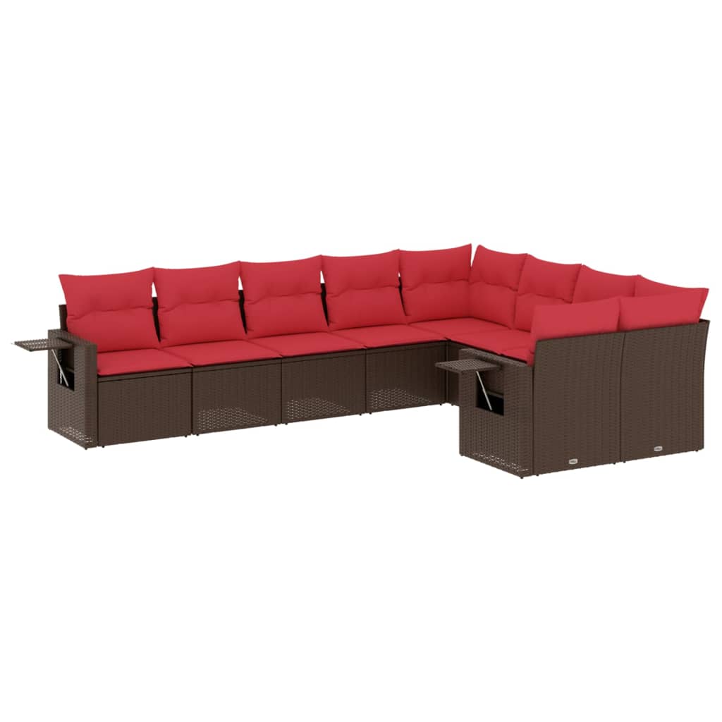 havesofasæt med 9 dele og hynder brun polyrattan