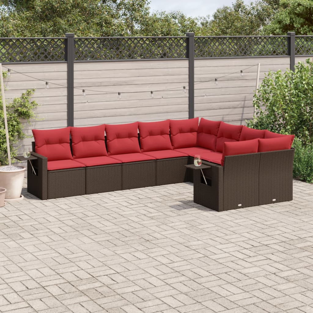 havesofasæt med 9 dele og hynder brun polyrattan