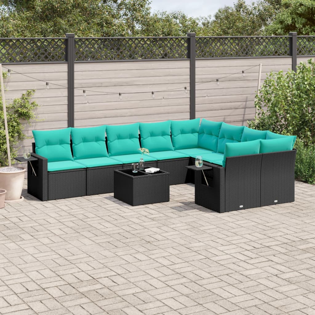 havesofasæt med 10 hynder sort polyrattan