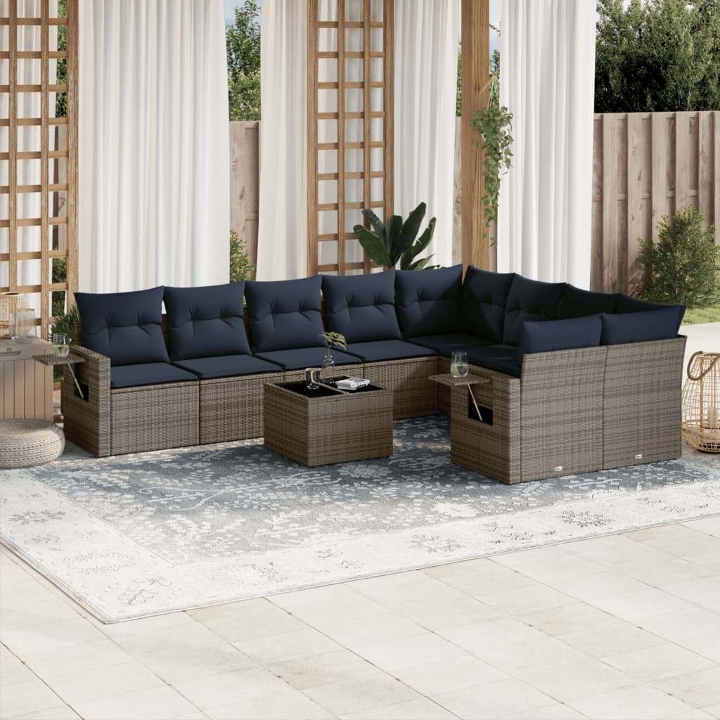 havesofasæt med 10 dele og hynder grå polyrattan