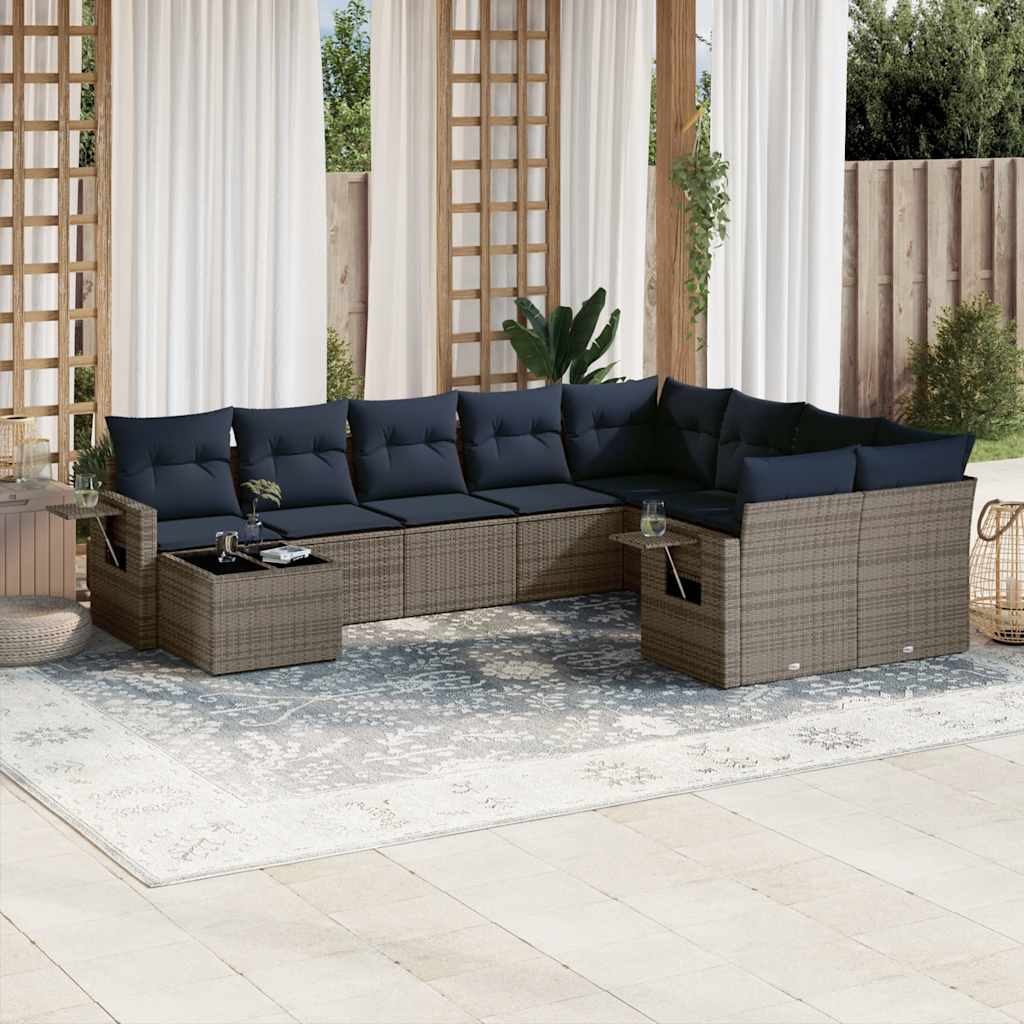 havesofasæt med 10 dele og hynder grå polyrattan