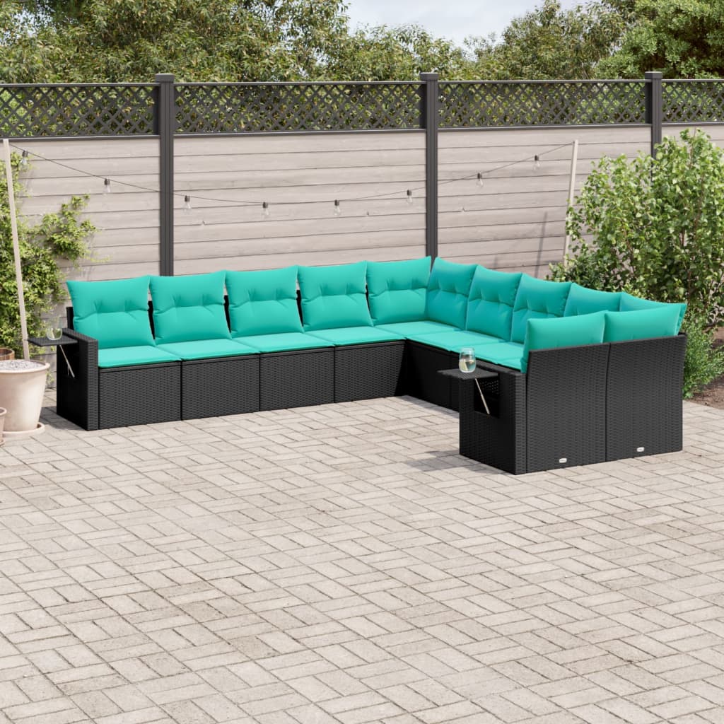havesofasæt med 10 hynder sort polyrattan