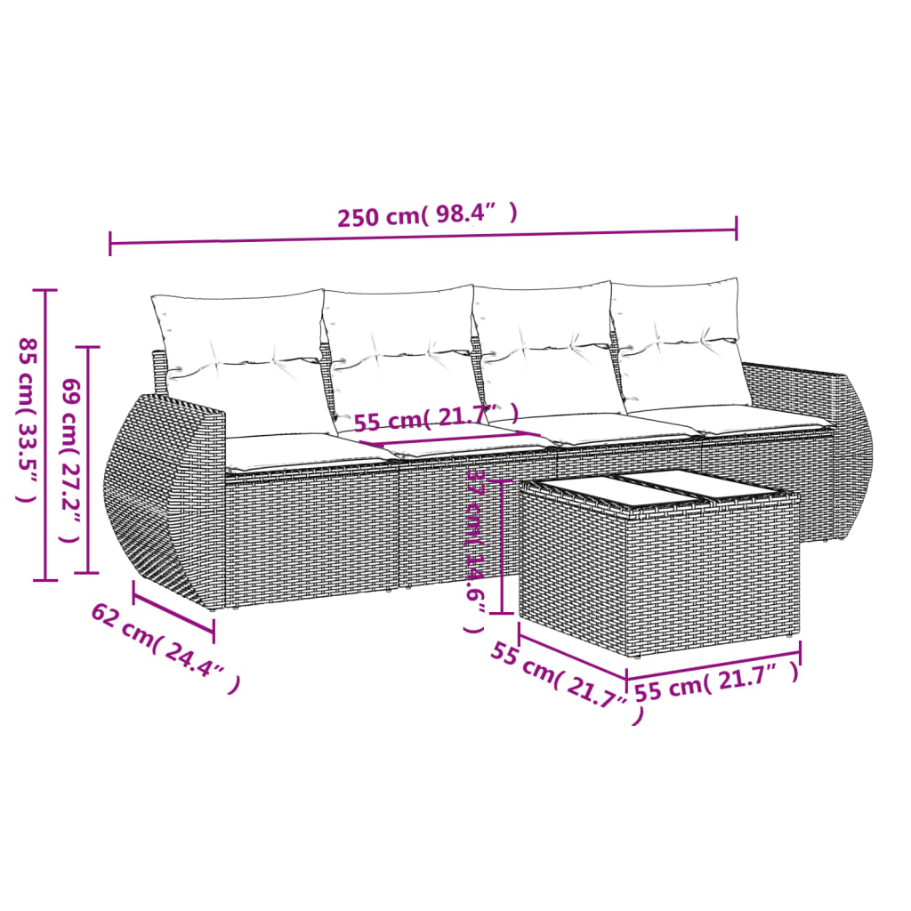 sofasæt 5 dele med hynder polyrattan grå
