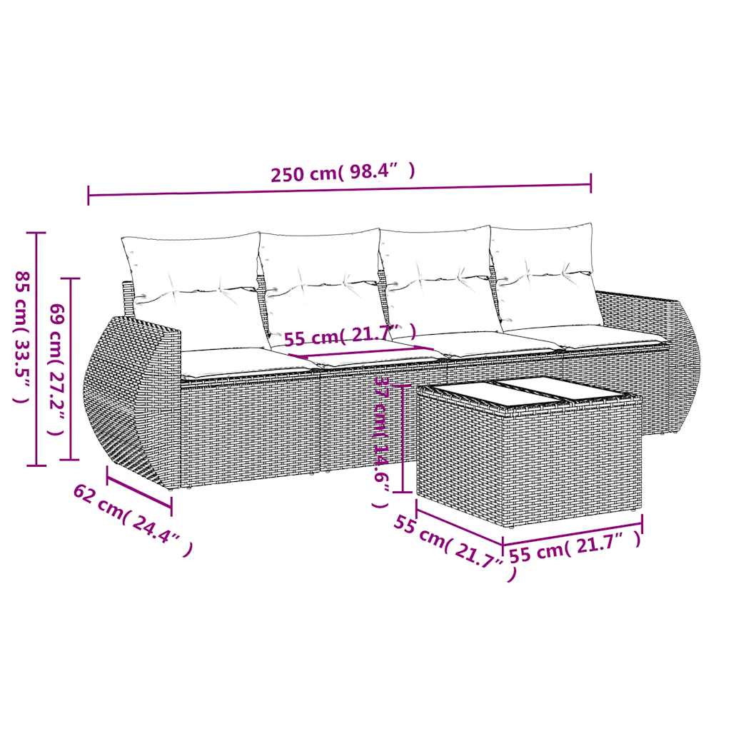 sofasæt 5 dele med hynder polyrattan lysegrå
