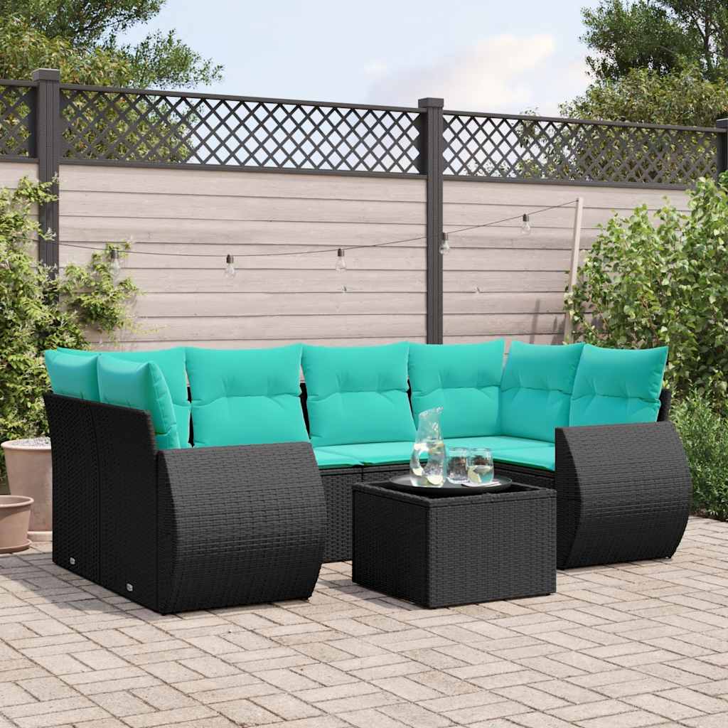 havesofasæt med 7 hynder sort polyrattan