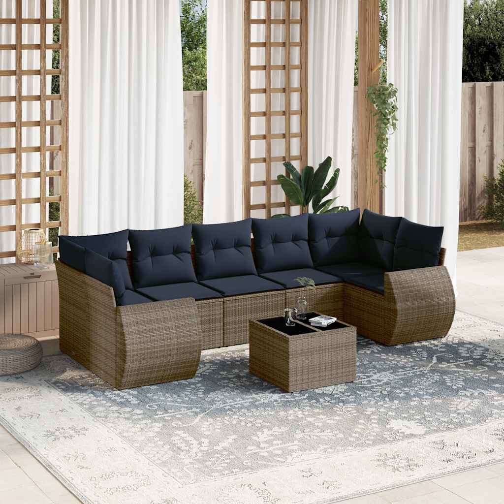 havesofasæt med 8 hynder grå polyrattan