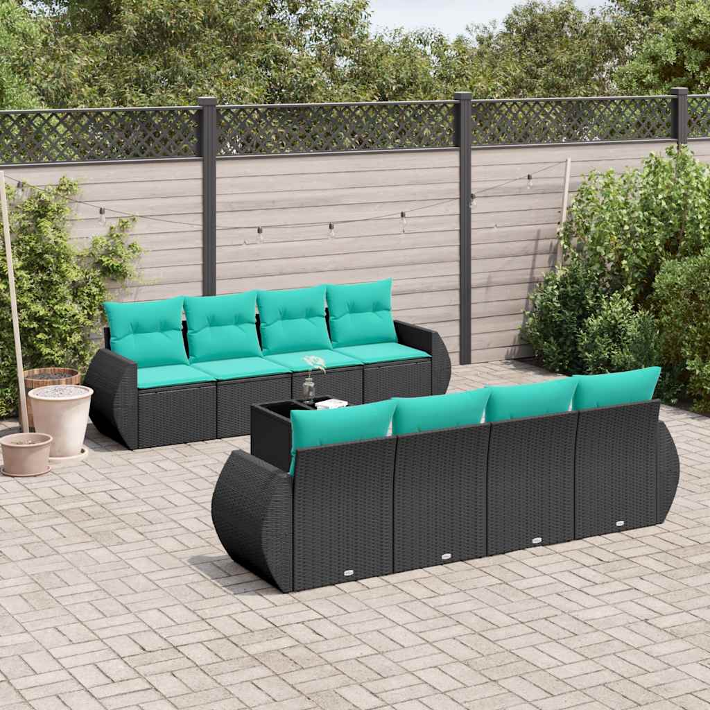 havesofasæt med 9 dele og hynder sort polyrattan