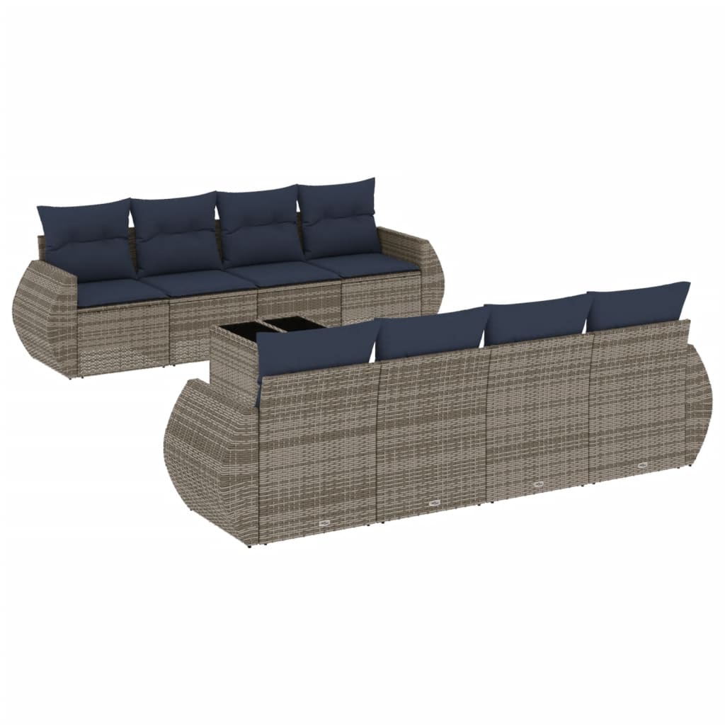 havesofasæt med 9 dele og hynder grå polyrattan