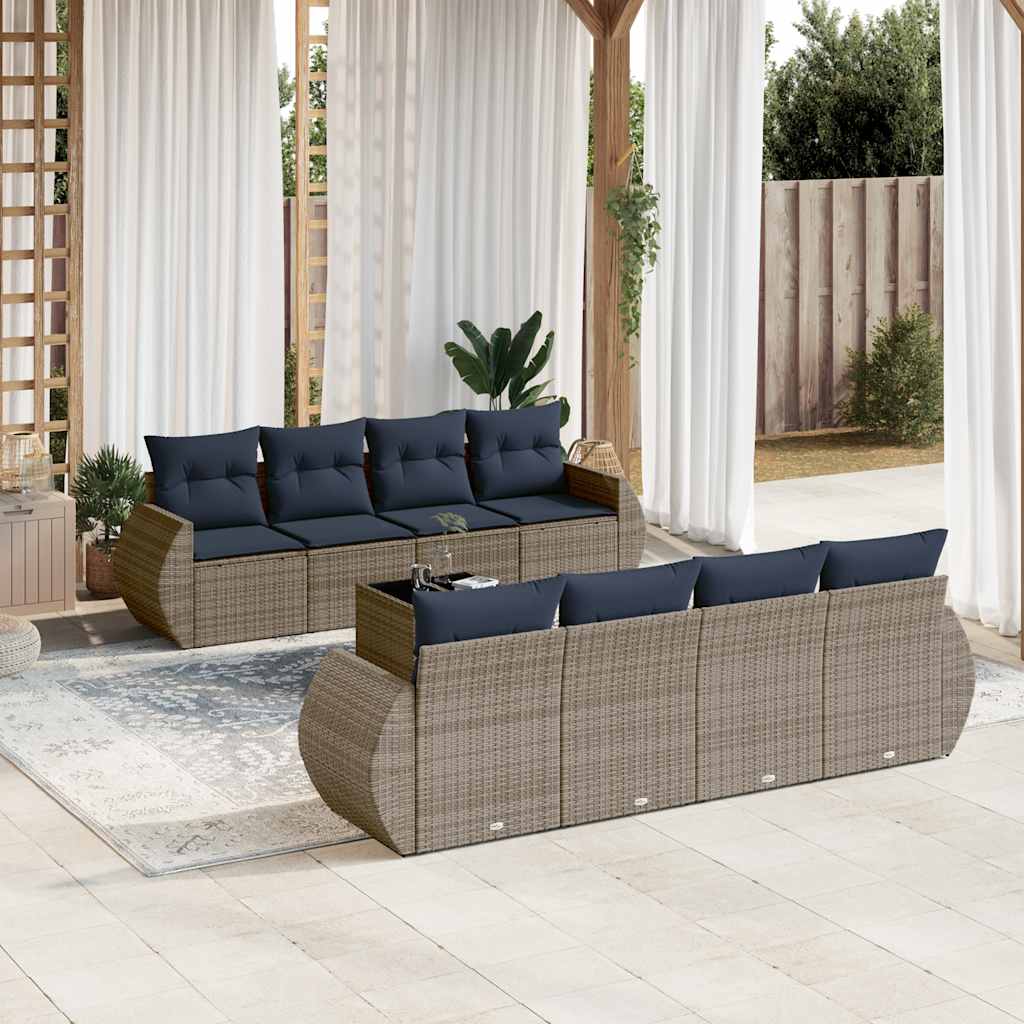 havesofasæt med 9 dele og hynder grå polyrattan