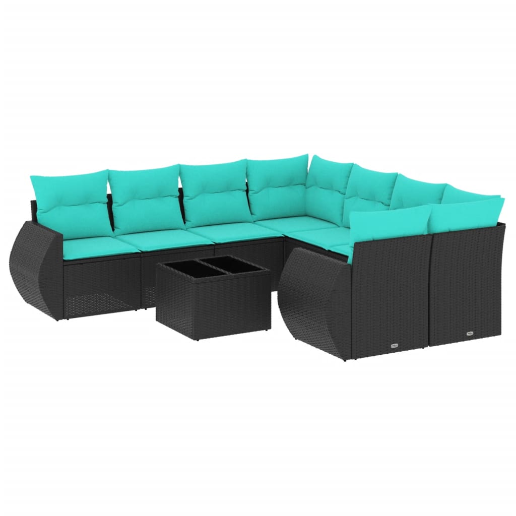havesofasæt med 9 dele og hynder sort polyrattan