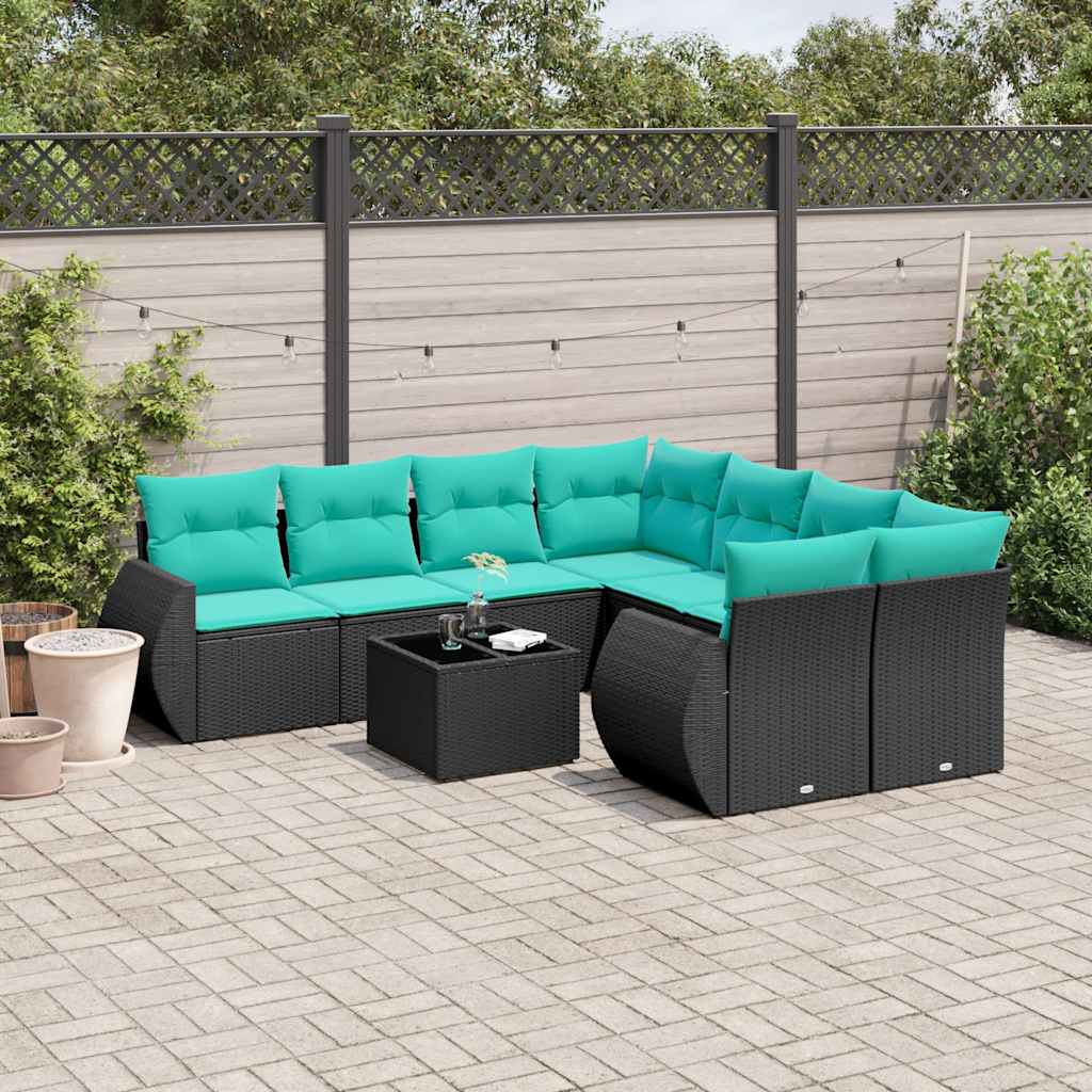havesofasæt med 9 dele og hynder sort polyrattan