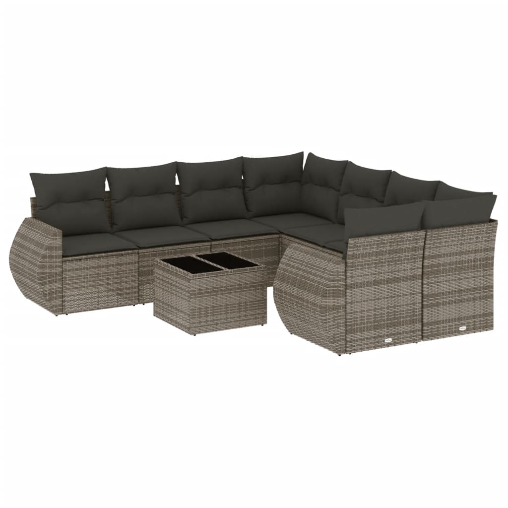 havesofasæt med 9 dele og hynder grå polyrattan