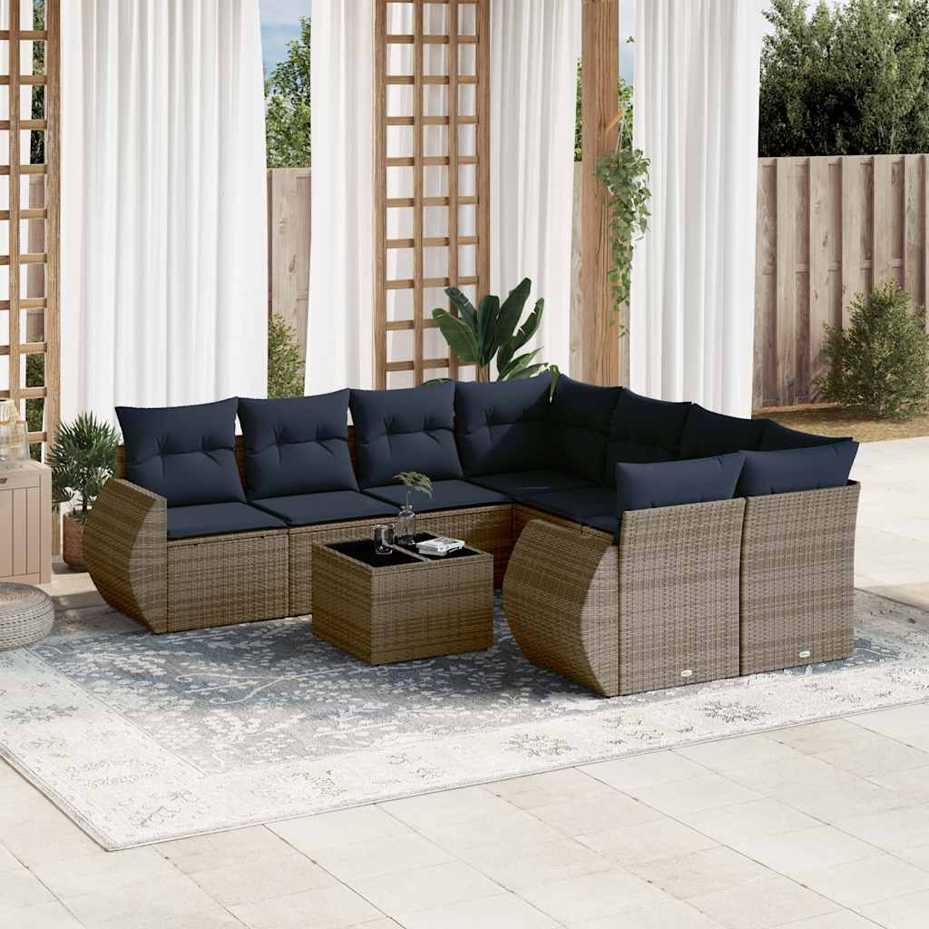 havesofasæt med 9 dele og hynder grå polyrattan