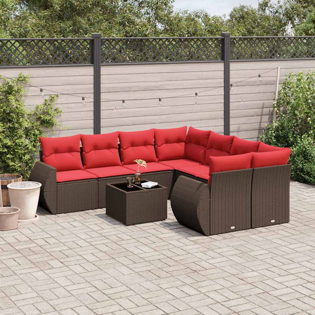 havesofasæt med 9 dele og hynder brun polyrattan