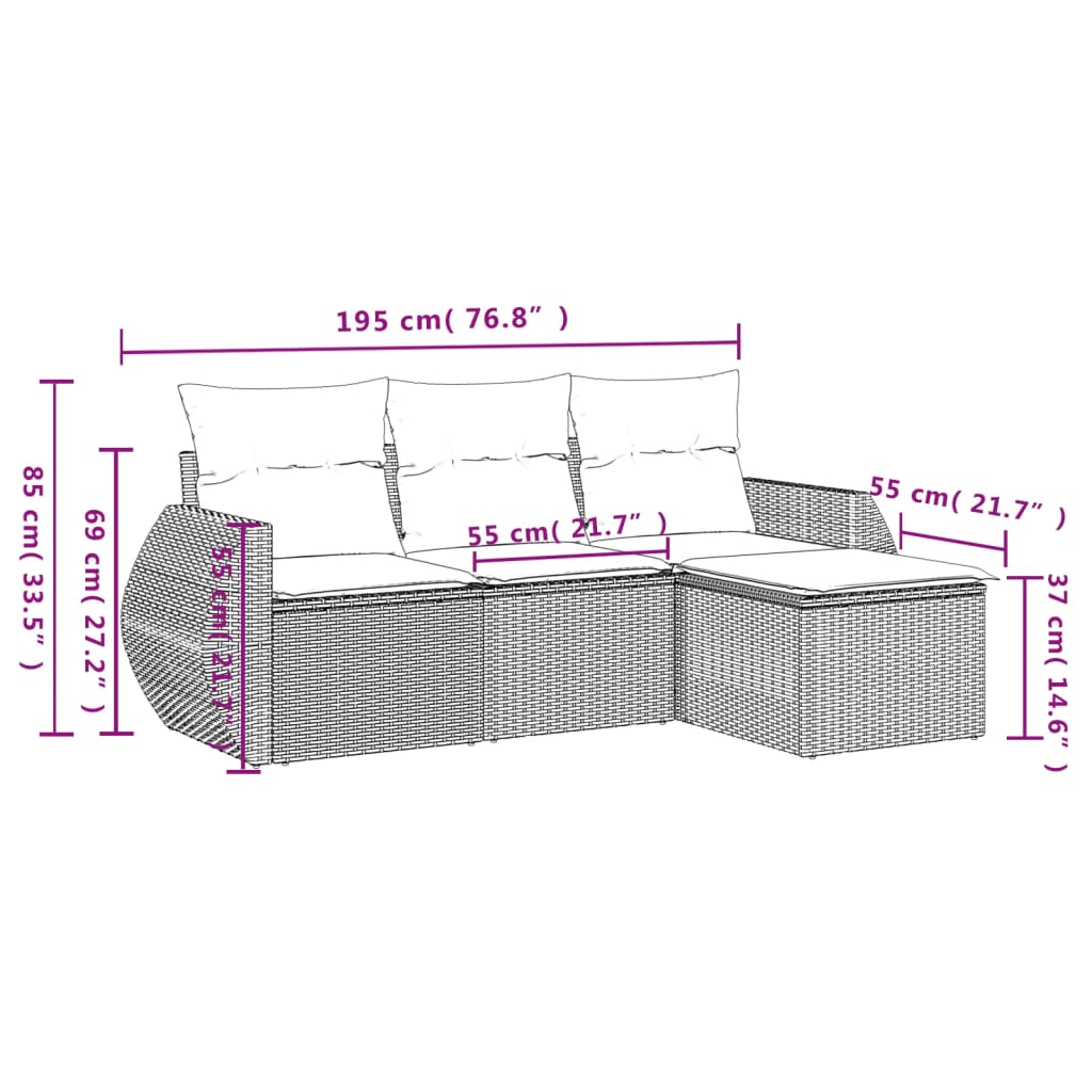 sofasæt til haven 4 dele med hynder polyrattan grå