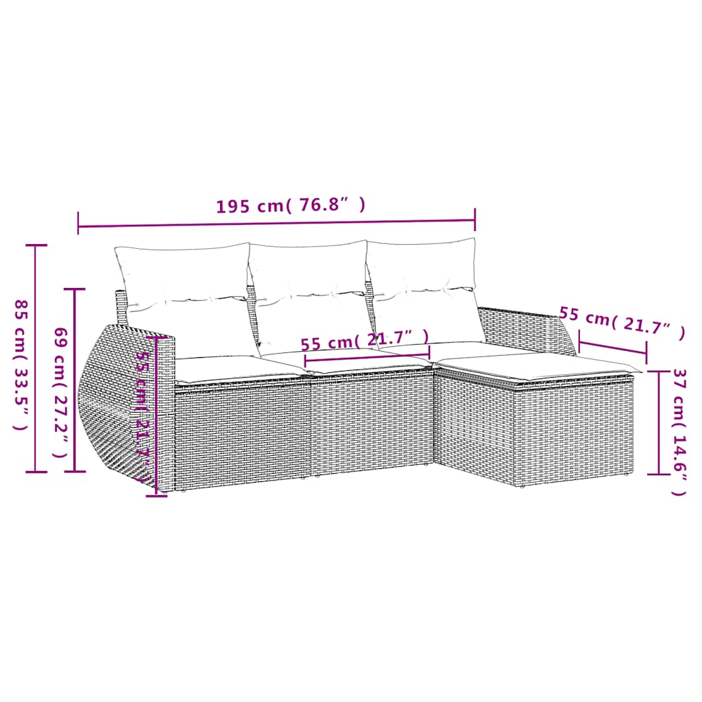 havesofasæt med 4 dele og hynder brun polyrattan