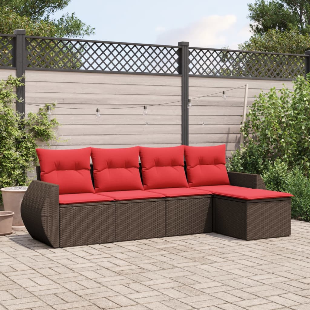 havesofasæt med 5 dele og hynder brun polyrattan