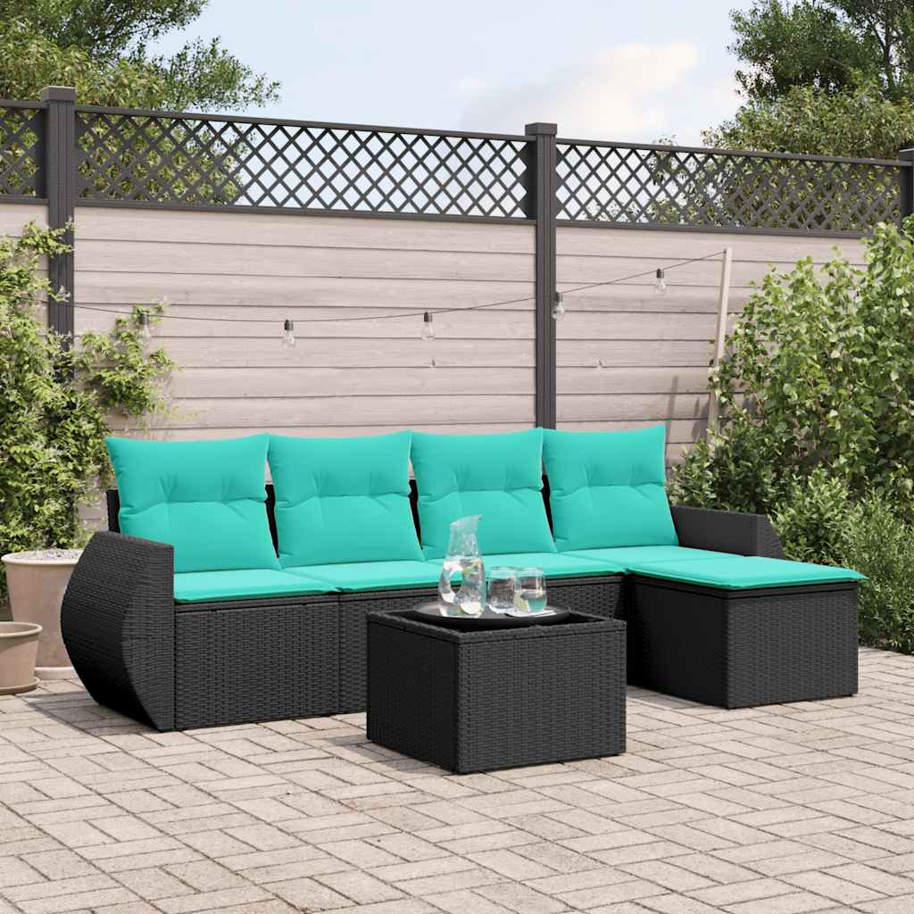 havesofasæt med 6 hynder sort polyrattan