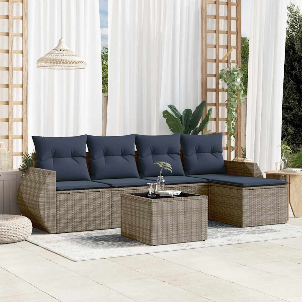 havesofasæt med 6 dele og hynder grå polyrattan