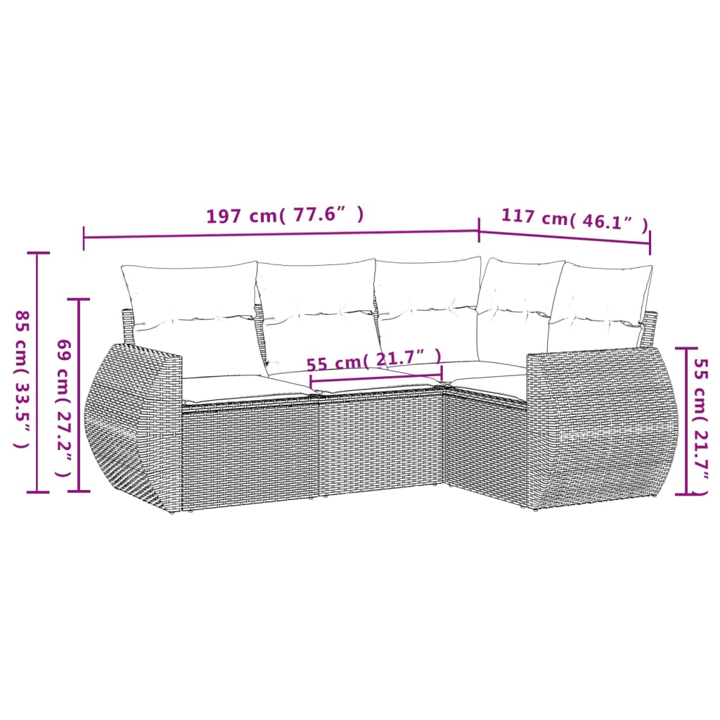 havesofasæt med 4 dele og hynder sort polyrattan