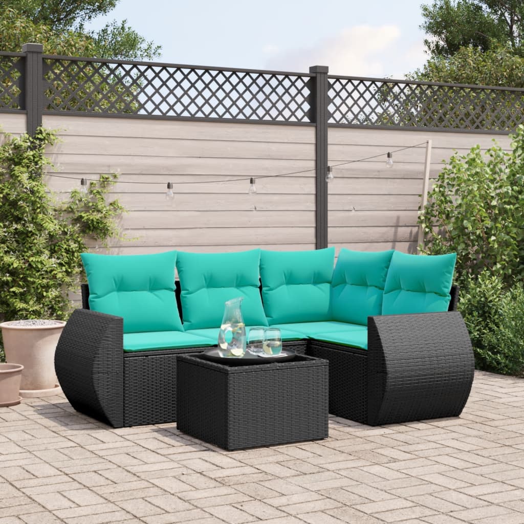 havesofasæt med 5 dele og hynder sort polyrattan