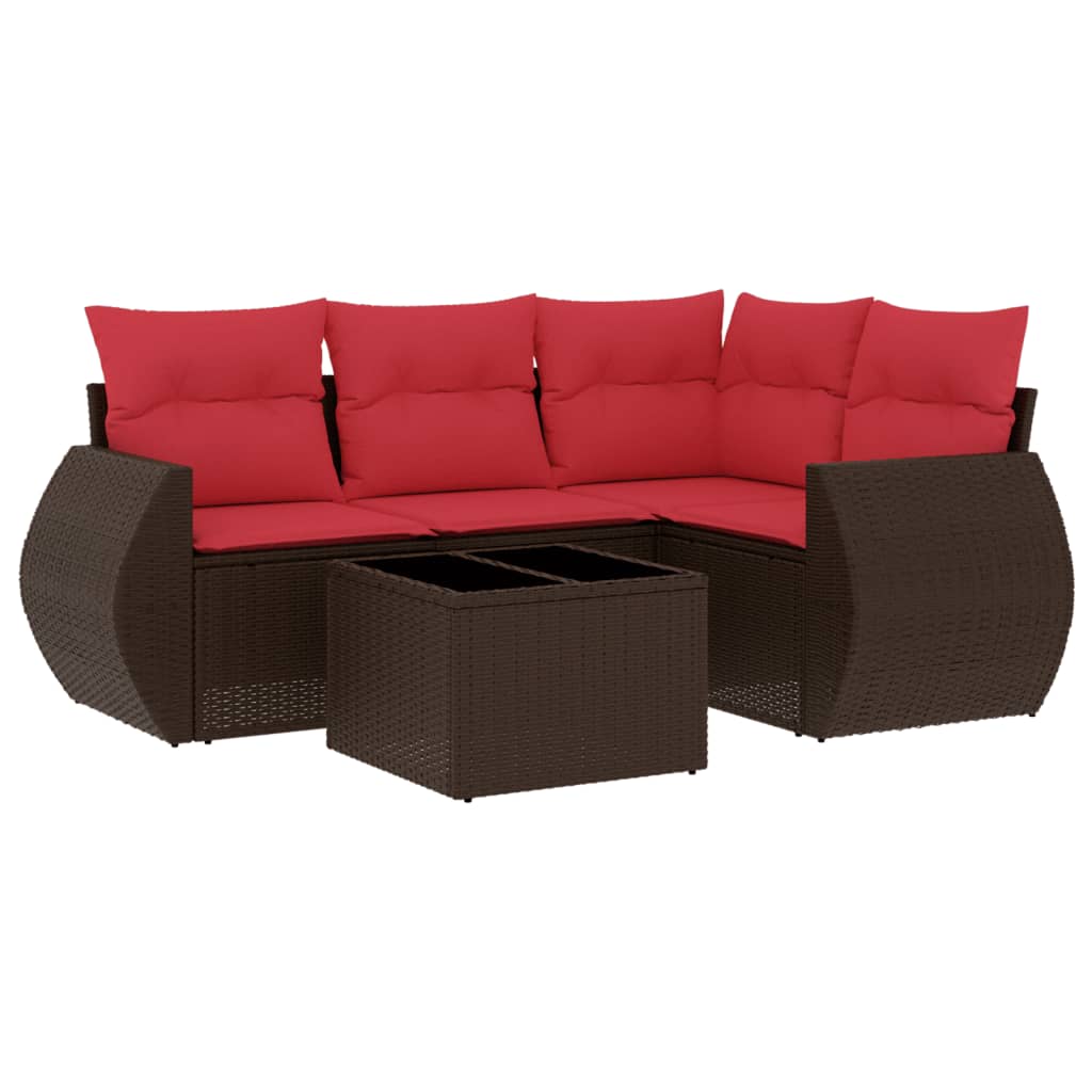 havesofasæt med 5 dele og hynder brun polyrattan