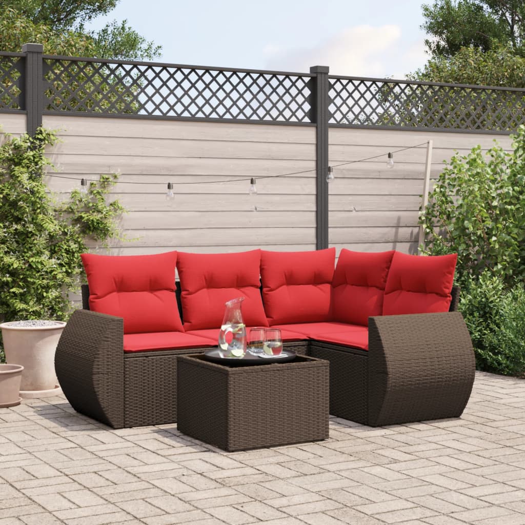 havesofasæt med 5 dele og hynder brun polyrattan