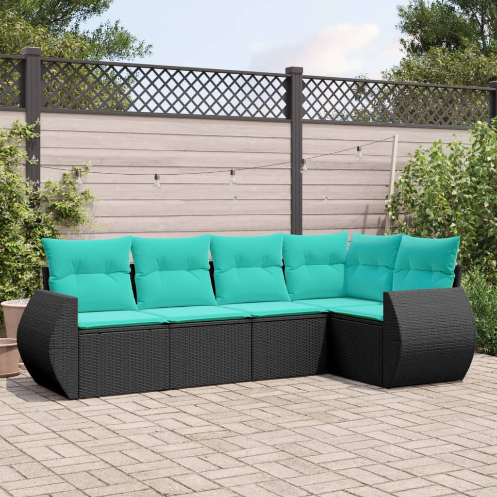 havesofasæt med 5 dele og hynder sort polyrattan