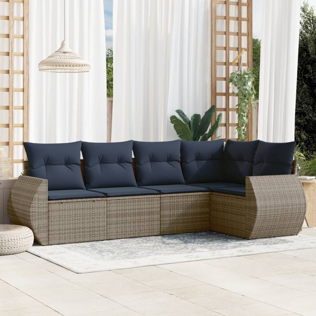havesofasæt med 5 dele og hynder grå polyrattan