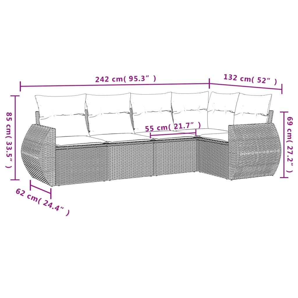 havesofasæt med 5 dele og hynder brun polyrattan