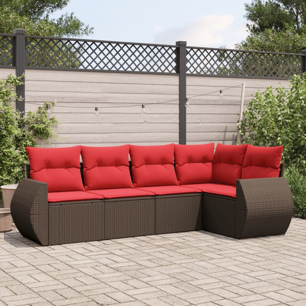 havesofasæt med 5 dele og hynder brun polyrattan