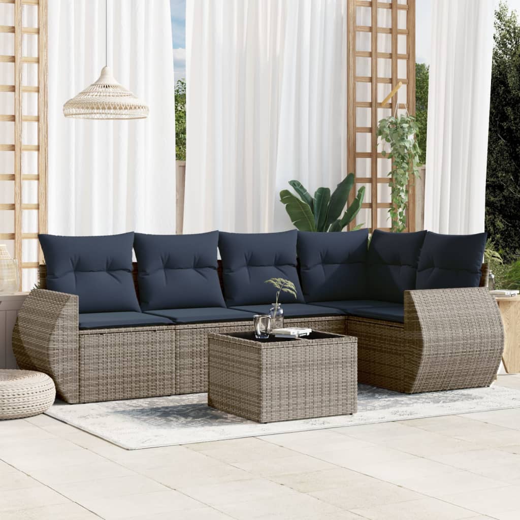 havesofasæt med 6 dele og hynder grå polyrattan
