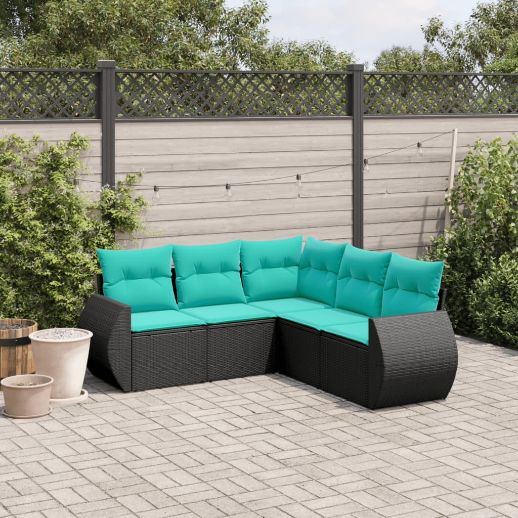 havesofasæt med 5 dele og hynder sort polyrattan